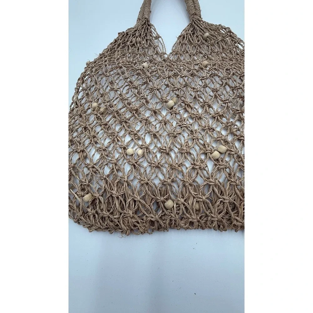 NWT Macrame Wood‎ Bead Tote Bag - Coastal Boho Aesthetic